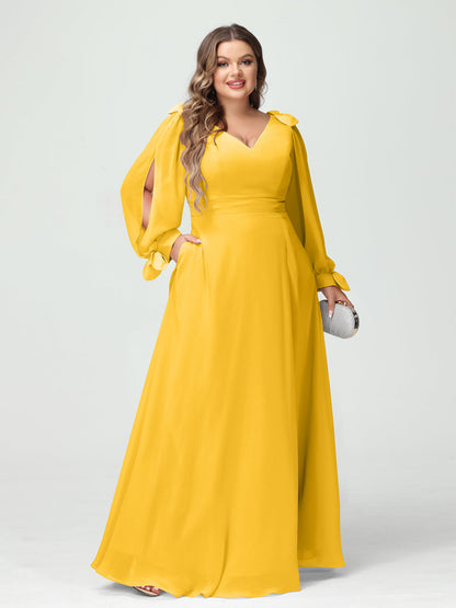 Forme Princesse Col V Manches Longues Mousseline de soie Fendue sur le côté Grande taille Robes de demoiselle d'honneur avec Poches