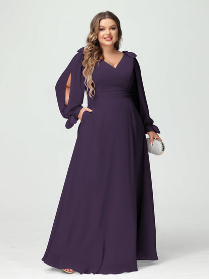 Forme Princesse Col V Manches Longues Mousseline de soie Fendue sur le côté Grande taille Robes de demoiselle d'honneur avec Poches