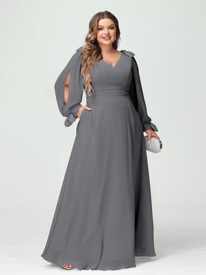 Forme Princesse Col V Manches Longues Mousseline de soie Fendue sur le côté Grande taille Robes de demoiselle d'honneur avec Poches