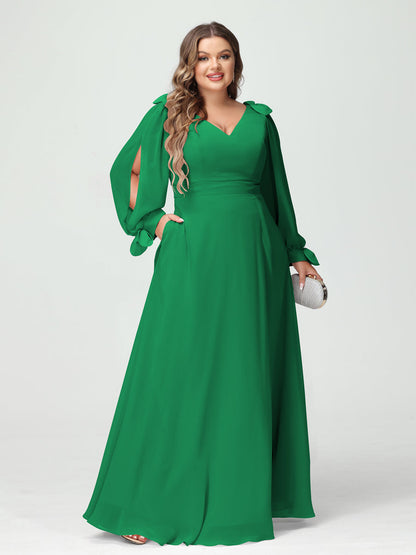 Forme Princesse Col V Manches Longues Mousseline de soie Fendue sur le côté Grande taille Robes de demoiselle d'honneur avec Poches