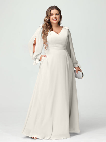 Forme Princesse Col V Manches Longues Mousseline de soie Fendue sur le côté Grande taille Robes de demoiselle d'honneur avec Poches