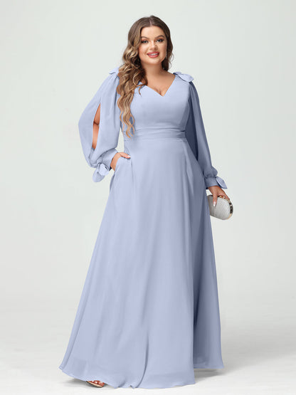 Forme Princesse Col V Manches Longues Mousseline de soie Fendue sur le côté Grande taille Robes de demoiselle d'honneur avec Poches