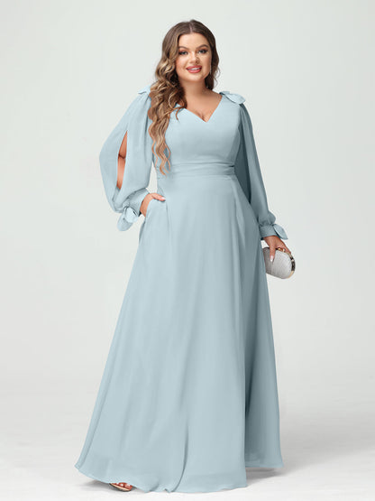 Forme Princesse Col V Manches Longues Mousseline de soie Fendue sur le côté Grande taille Robes de demoiselle d'honneur avec Poches