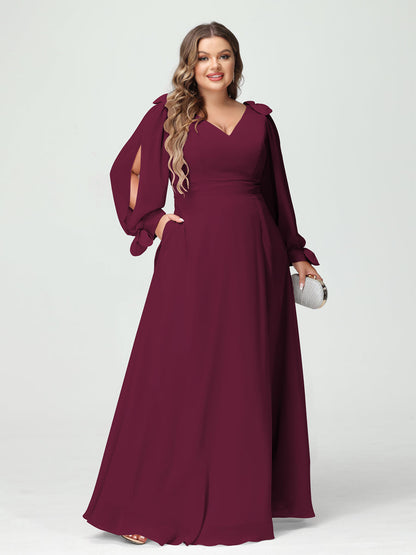 Forme Princesse Col V Manches Longues Mousseline de soie Fendue sur le côté Grande taille Robes de demoiselle d'honneur avec Poches