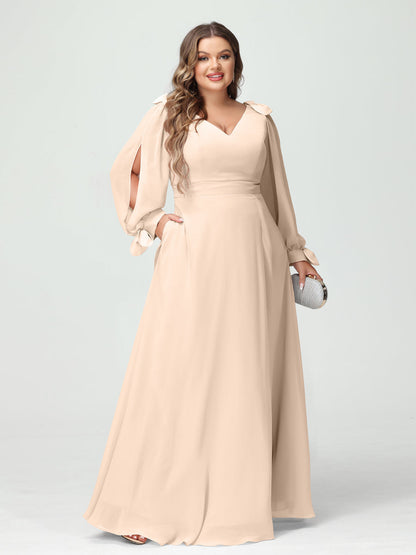 Forme Princesse Col V Manches Longues Mousseline de soie Fendue sur le côté Grande taille Robes de demoiselle d'honneur avec Poches