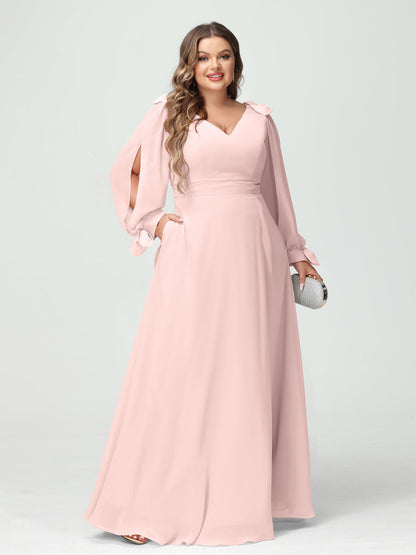 Forme Princesse Col V Manches Longues Mousseline de soie Fendue sur le côté Grande taille Robes de demoiselle d'honneur avec Poches