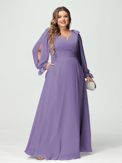 Forme Princesse Col V Manches Longues Mousseline de soie Fendue sur le côté Grande taille Robes de demoiselle d'honneur avec Poches
