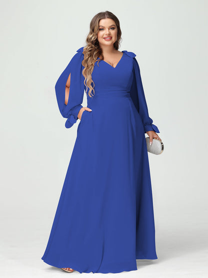 Forme Princesse Col V Manches Longues Mousseline de soie Fendue sur le côté Grande taille Robes de demoiselle d'honneur avec Poches