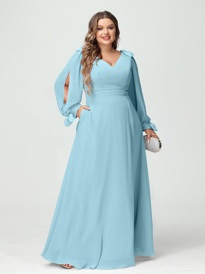 Forme Princesse Col V Manches Longues Mousseline de soie Fendue sur le côté Grande taille Robes de demoiselle d'honneur avec Poches