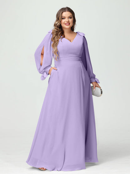 Forme Princesse Col V Manches Longues Mousseline de soie Fendue sur le côté Grande taille Robes de demoiselle d'honneur avec Poches