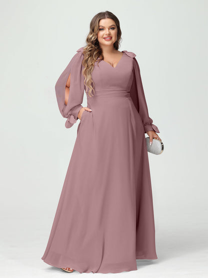 Forme Princesse Col V Manches Longues Mousseline de soie Fendue sur le côté Grande taille Robes de demoiselle d'honneur avec Poches