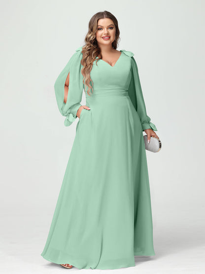 Forme Princesse Col V Manches Longues Mousseline de soie Fendue sur le côté Grande taille Robes de demoiselle d'honneur avec Poches