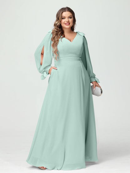 Forme Princesse Col V Manches Longues Mousseline de soie Fendue sur le côté Grande taille Robes de demoiselle d'honneur avec Poches