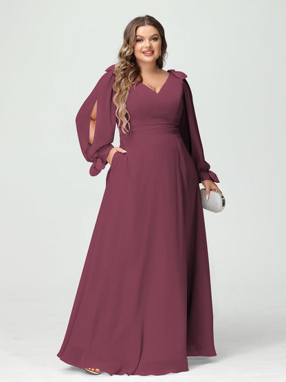 Forme Princesse Col V Manches Longues Mousseline de soie Fendue sur le côté Grande taille Robes de demoiselle d'honneur avec Poches