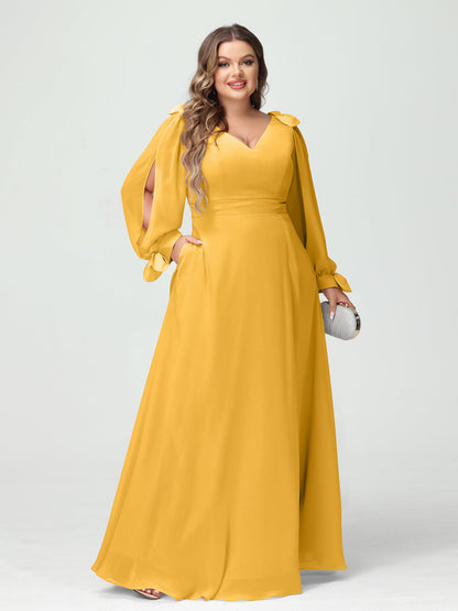 Forme Princesse Col V Manches Longues Mousseline de soie Fendue sur le côté Grande taille Robes de demoiselle d'honneur avec Poches