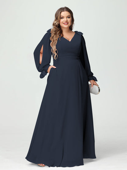Forme Princesse Col V Manches Longues Mousseline de soie Fendue sur le côté Grande taille Robes de demoiselle d'honneur avec Poches