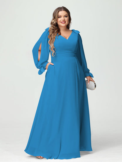 Forme Princesse Col V Manches Longues Mousseline de soie Fendue sur le côté Grande taille Robes de demoiselle d'honneur avec Poches
