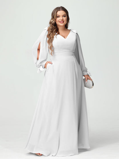 Forme Princesse Col V Manches Longues Mousseline de soie Fendue sur le côté Grande taille Robes de demoiselle d'honneur avec Poches