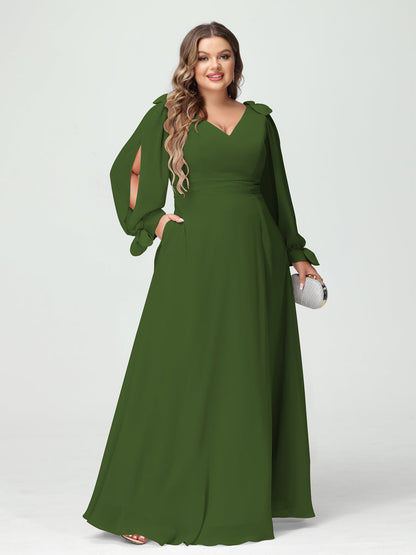 Forme Princesse Col V Manches Longues Mousseline de soie Fendue sur le côté Grande taille Robes de demoiselle d'honneur avec Poches