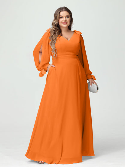 Forme Princesse Col V Manches Longues Mousseline de soie Fendue sur le côté Grande taille Robes de demoiselle d'honneur avec Poches