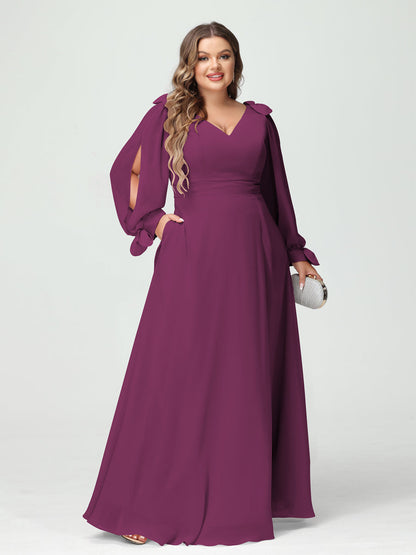 Forme Princesse Col V Manches Longues Mousseline de soie Fendue sur le côté Grande taille Robes de demoiselle d'honneur avec Poches