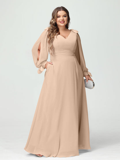 Forme Princesse Col V Manches Longues Mousseline de soie Fendue sur le côté Grande taille Robes de demoiselle d'honneur avec Poches