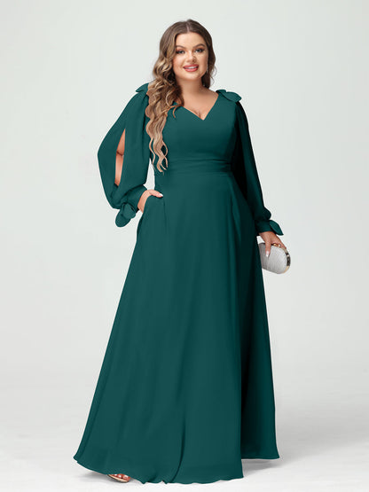 Forme Princesse Col V Manches Longues Mousseline de soie Fendue sur le côté Grande taille Robes de demoiselle d'honneur avec Poches