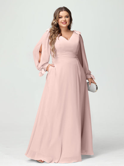 Forme Princesse Col V Manches Longues Mousseline de soie Fendue sur le côté Grande taille Robes de demoiselle d'honneur avec Poches