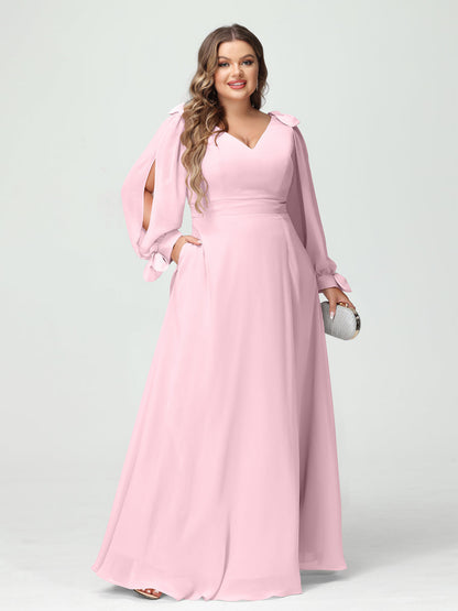 Forme Princesse Col V Manches Longues Mousseline de soie Fendue sur le côté Grande taille Robes de demoiselle d'honneur avec Poches