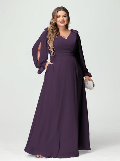 Forme Princesse Col V Manches Longues Mousseline de soie Fendue sur le côté Grande taille Robes de demoiselle d'honneur avec Poches