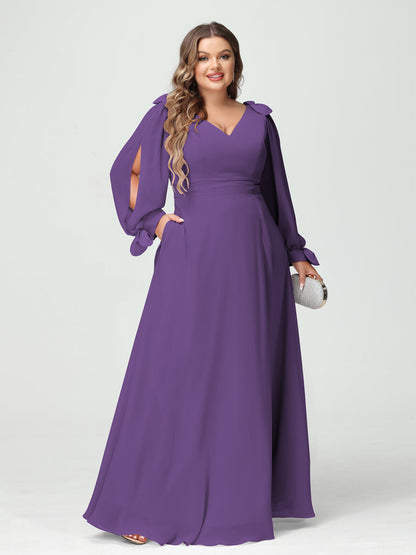 Forme Princesse Col V Manches Longues Mousseline de soie Fendue sur le côté Grande taille Robes de demoiselle d'honneur avec Poches