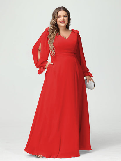 Forme Princesse Col V Manches Longues Mousseline de soie Fendue sur le côté Grande taille Robes de demoiselle d'honneur avec Poches