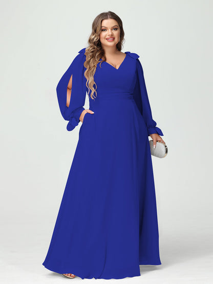 Forme Princesse Col V Manches Longues Mousseline de soie Fendue sur le côté Grande taille Robes de demoiselle d'honneur avec Poches