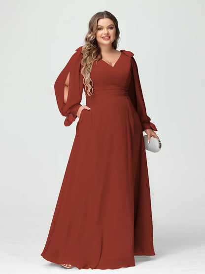 Forme Princesse Col V Manches Longues Mousseline de soie Fendue sur le côté Grande taille Robes de demoiselle d'honneur avec Poches