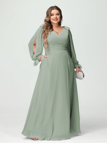 Forme Princesse Col V Manches Longues Mousseline de soie Fendue sur le côté Grande taille Robes de demoiselle d'honneur avec Poches