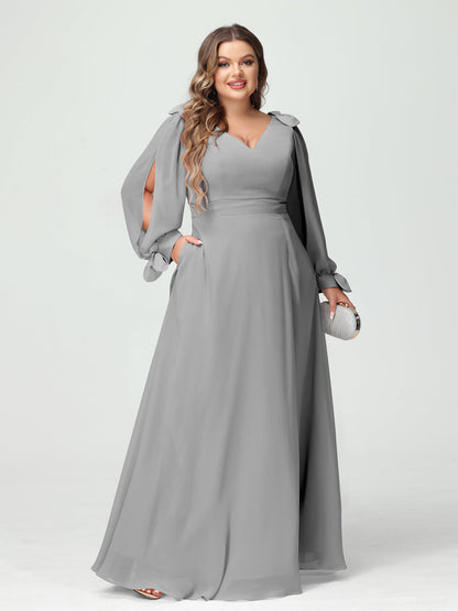 Forme Princesse Col V Manches Longues Mousseline de soie Fendue sur le côté Grande taille Robes de demoiselle d'honneur avec Poches
