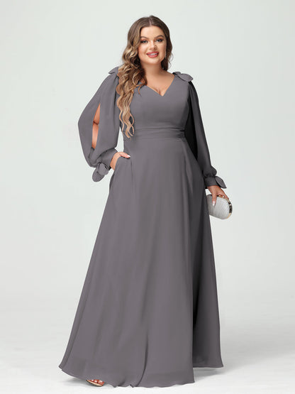 Forme Princesse Col V Manches Longues Mousseline de soie Fendue sur le côté Grande taille Robes de demoiselle d'honneur avec Poches