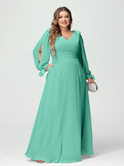 Forme Princesse Col V Manches Longues Mousseline de soie Fendue sur le côté Grande taille Robes de demoiselle d'honneur avec Poches