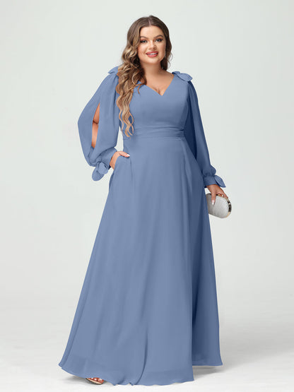 Forme Princesse Col V Manches Longues Mousseline de soie Fendue sur le côté Grande taille Robes de demoiselle d'honneur avec Poches