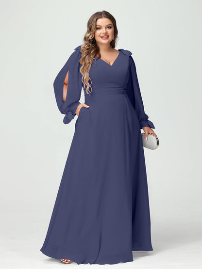 Forme Princesse Col V Manches Longues Mousseline de soie Fendue sur le côté Grande taille Robes de demoiselle d'honneur avec Poches