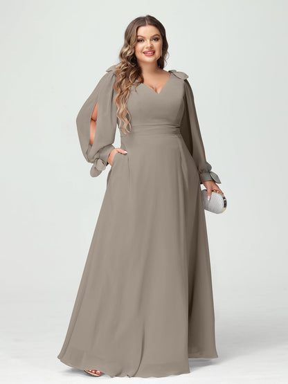 Forme Princesse Col V Manches Longues Mousseline de soie Fendue sur le côté Grande taille Robes de demoiselle d'honneur avec Poches