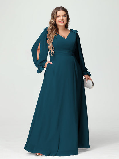 Forme Princesse Col V Manches Longues Mousseline de soie Fendue sur le côté Grande taille Robes de demoiselle d'honneur avec Poches