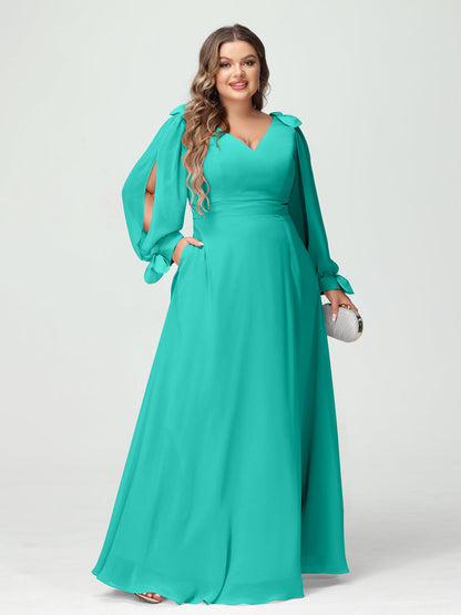 Forme Princesse Col V Manches Longues Mousseline de soie Fendue sur le côté Grande taille Robes de demoiselle d'honneur avec Poches