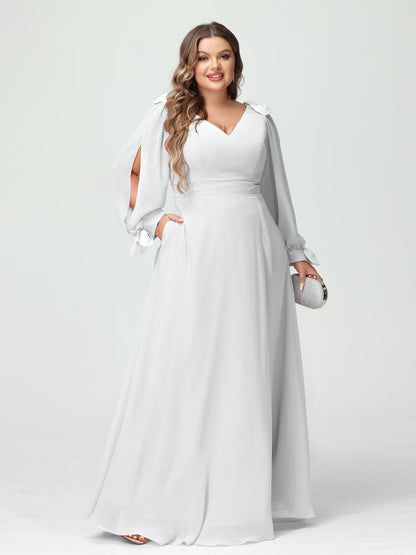 Forme Princesse Col V Manches Longues Mousseline de soie Fendue sur le côté Grande taille Robes de demoiselle d'honneur avec Poches