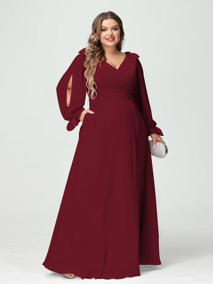 Forme Princesse Col V Manches Longues Mousseline de soie Fendue sur le côté Grande taille Robes de demoiselle d'honneur avec Poches