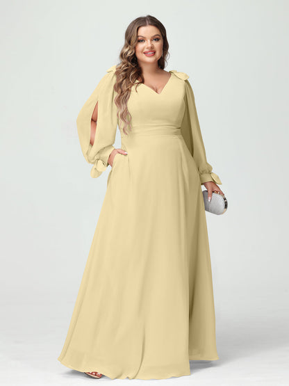 Forme Princesse Col V Manches Longues Mousseline de soie Fendue sur le côté Grande taille Robes de demoiselle d'honneur avec Poches