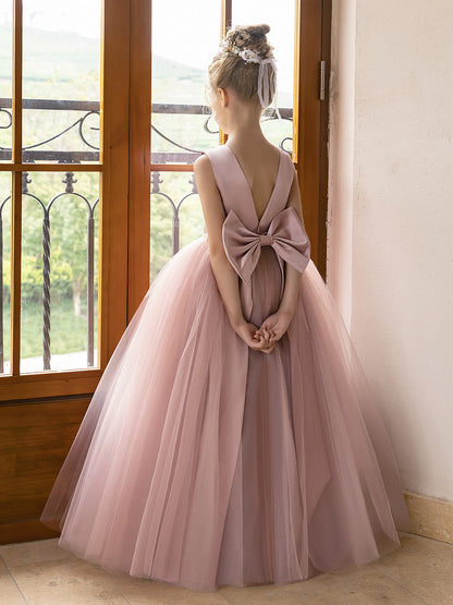 Robes de Fille de Fleur à Jupe Bouffante en Tulle avec Perles et Nœud en Satin