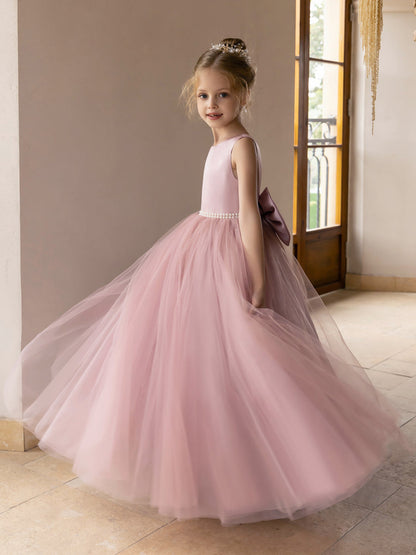 Robes de Fille de Fleur à Jupe Bouffante en Tulle avec Perles et Nœud en Satin