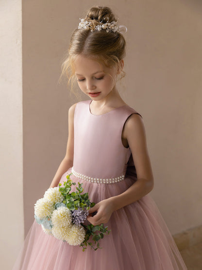 Robes de Fille de Fleur à Jupe Bouffante en Tulle avec Perles et Nœud en Satin
