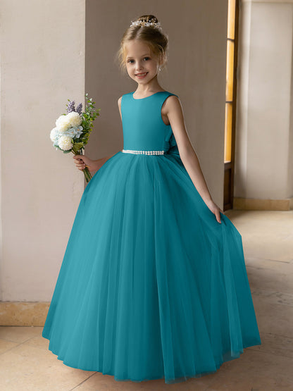 Robes de Fille de Fleur à Jupe Bouffante en Tulle avec Perles et Nœud en Satin